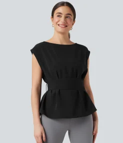 Shirts Blouses|Shirts & Blouses<HALARA Anti-wrinkle Boat Neck Sleeveless Tie Back Work Blouse