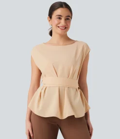 Shirts Blouses|Shirts & Blouses<HALARA Anti-wrinkle Boat Neck Sleeveless Tie Back Work Blouse
