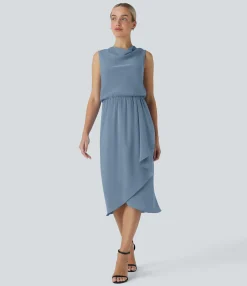 Maxi & Midi Dresses|Dresses<HALARA Anti-wrinkle Cowl Neck Sleeveless Crossover Hem Midi Travel Dress with Pockets