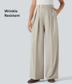 High-Waisted Pants|Wide-Leg Pants<HALARA Anti-Wrinkle High Waisted Wide Leg Work Linen-Feel Pants with Pockets