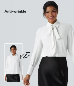 Shirts Blouses|Casual Tops<HALARA Anti-wrinkle Tie Neck Long Sleeve Casual Chiffon Shirt
