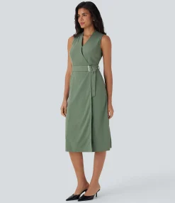 Maxi & Midi Dresses|Dresses<HALARA Anti-Wrinkle V Neck Sleeveless Wrapped Belted Midi Travel Dress with Pockets