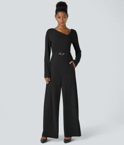 Jumpsuits<HALARA Asymmetric V Neck Long Sleeve Belted Pocket Wide Leg Work Jumpsuit