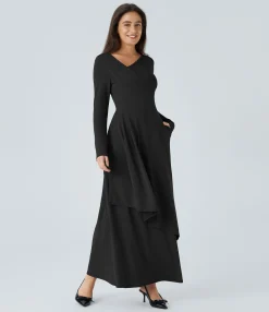 Dresses|Maxi & Midi Dresses<HALARA Asymmetric V Neck Long Sleeve Pocket Layered Hem Maxi Dress