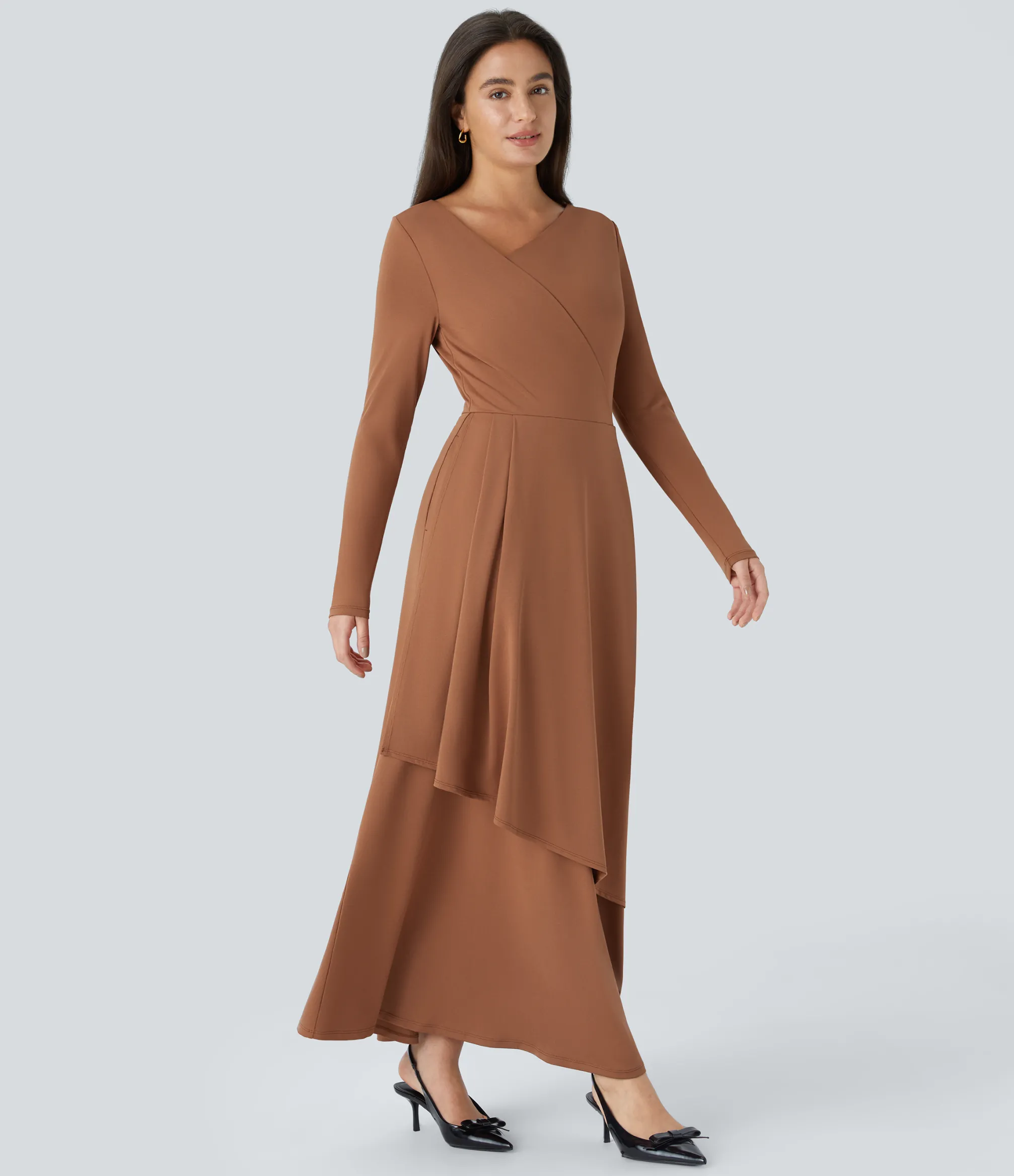 Dresses|Maxi & Midi Dresses<HALARA Asymmetric V Neck Long Sleeve Pocket Layered Hem Maxi Dress