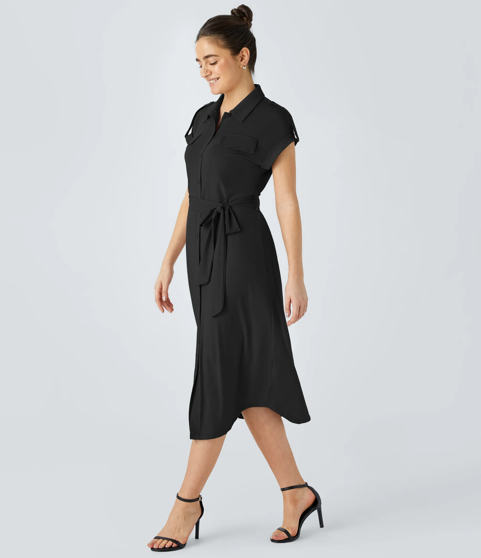 Dresses|Maxi & Midi Dresses<HALARA Belted Curved Hem Midi Work Shirt Dress