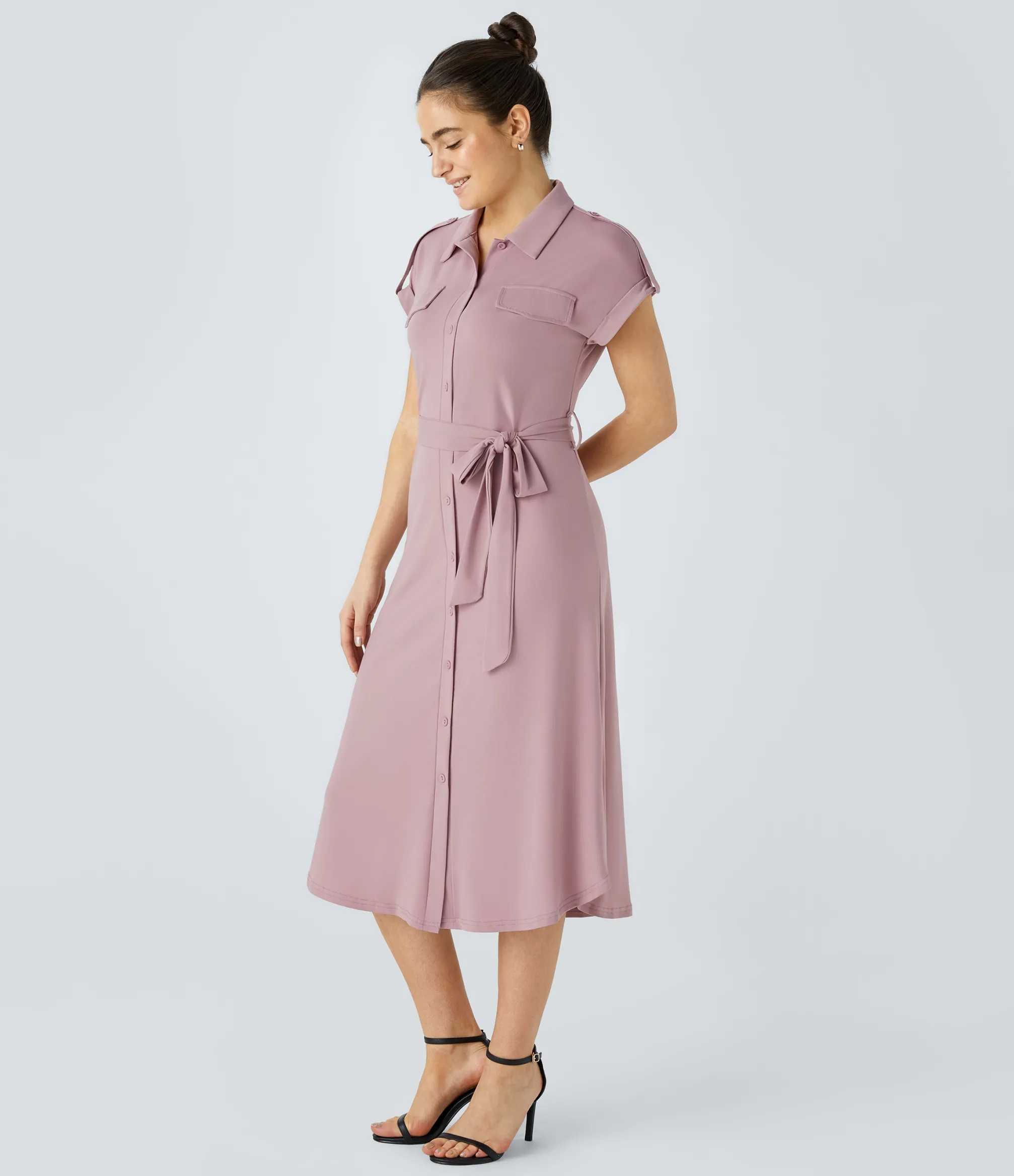 Dresses|Maxi & Midi Dresses<HALARA Belted Curved Hem Midi Work Shirt Dress