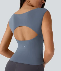Sports Tops|Sports Tops<HALARA Boat Neck Cap Sleeve Cut Out Ruched Curved Hem Skinny Yoga Sports Top