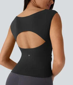 Sports Tops|Sports Tops<HALARA Boat Neck Cap Sleeve Cut Out Ruched Curved Hem Skinny Yoga Sports Top