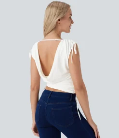 Casual Tops<HALARA Boat Neck Cap Sleeve Drawstring Cropped Casual Top