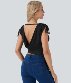 Casual Tops<HALARA Boat Neck Cap Sleeve Drawstring Cropped Casual Top