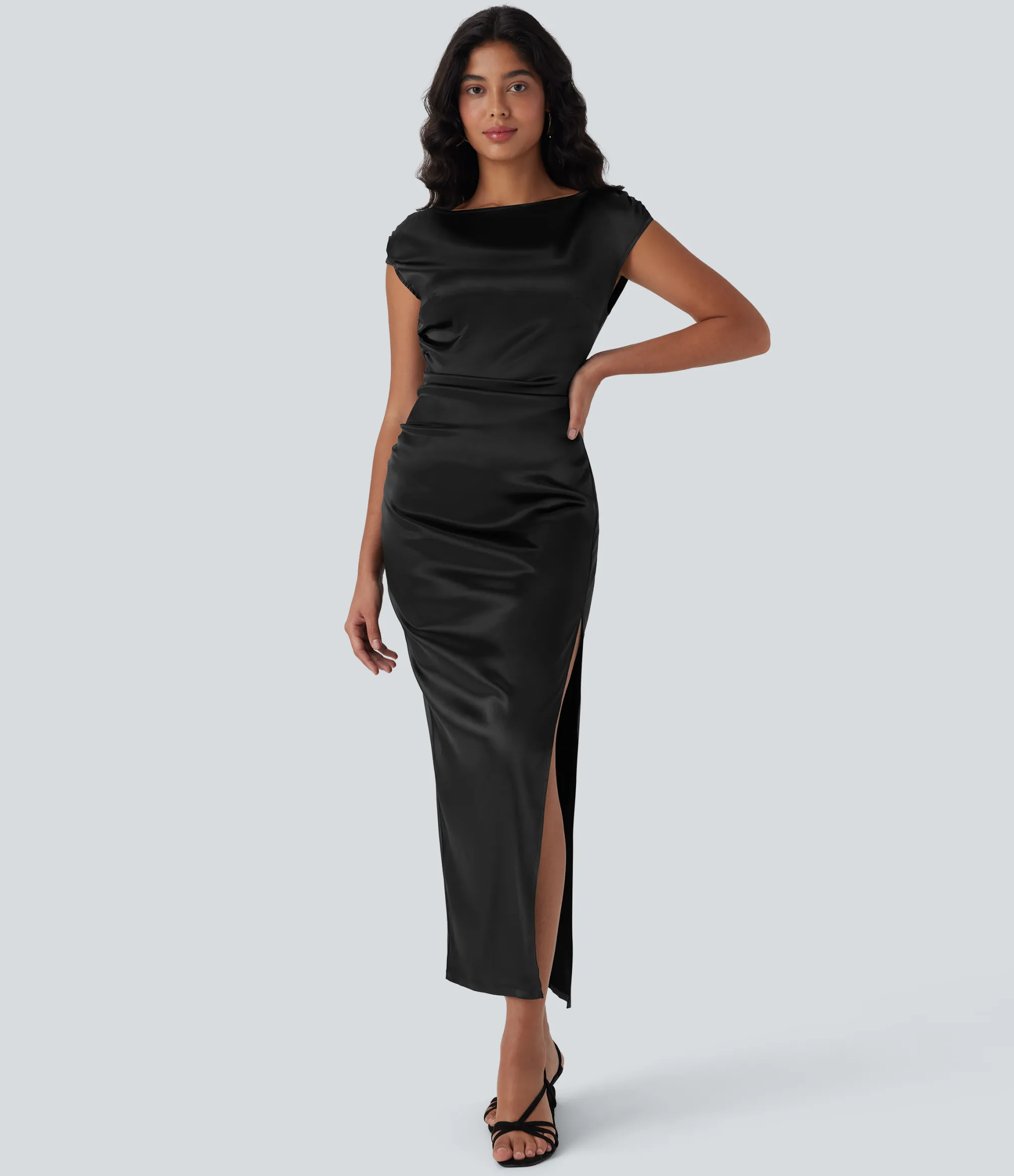 Party Dresses|Maxi & Midi Dresses<HALARA Boat Neck Cap Sleeve Ruched Satin Dress