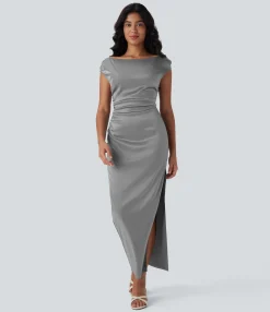 Party Dresses|Maxi & Midi Dresses<HALARA Boat Neck Cap Sleeve Ruched Satin Dress