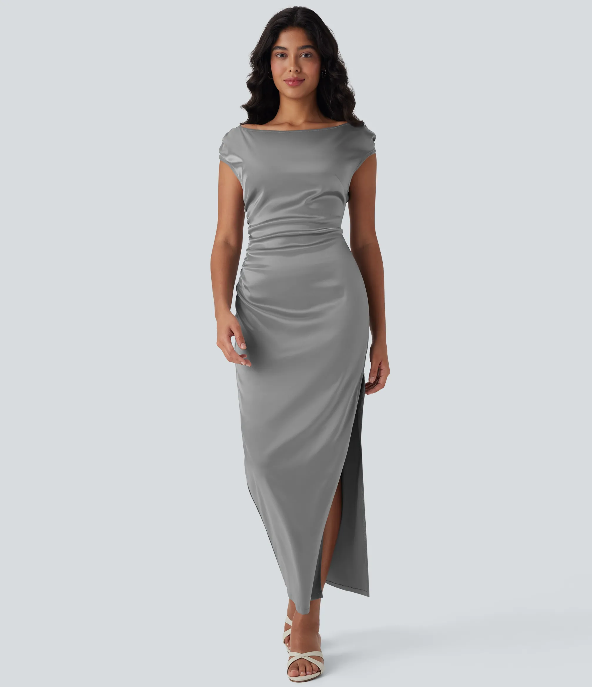 Party Dresses|Maxi & Midi Dresses<HALARA Boat Neck Cap Sleeve Ruched Satin Dress