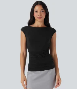Casual Tops<HALARA Boat Neck Cap Sleeve Ruched Casual Top