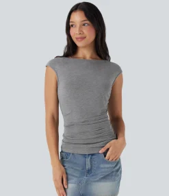 Casual Tops<HALARA Boat Neck Cap Sleeve Ruched Casual Top