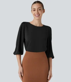 Work Tops|Shirts Blouses<HALARA Boat Neck Keyhole Back Bishop Sleeve Work Linen-Feel Blouse