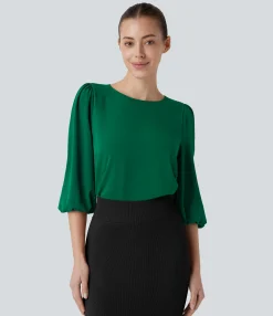 Work Tops|Shirts Blouses<HALARA Boat Neck Keyhole Back Bishop Sleeve Work Linen-Feel Blouse
