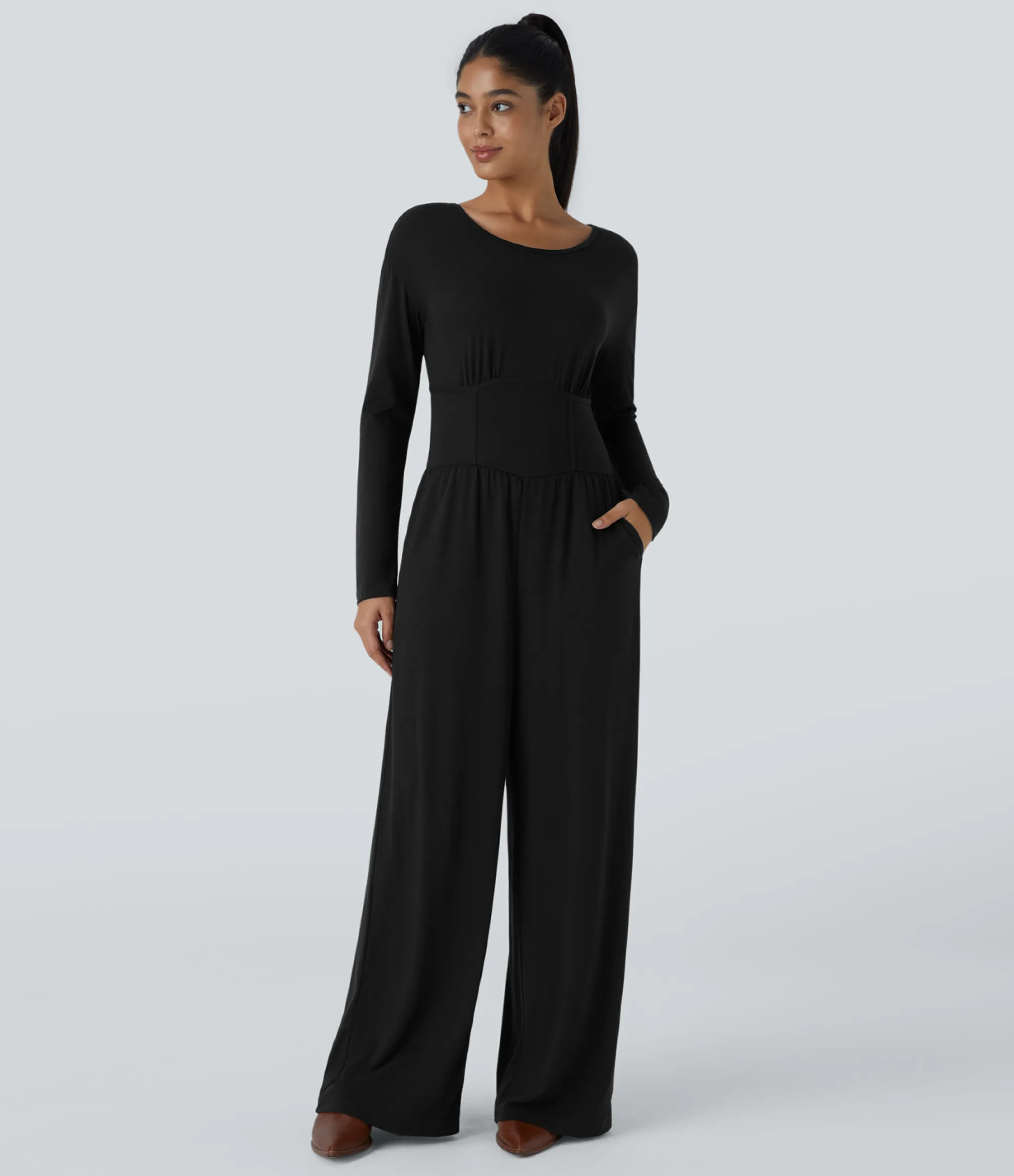 Jumpsuits<HALARA Boat Neck Keyhole Back Long Sleeve Corset Pocket Casual Jumpsuit