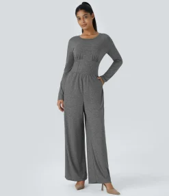 Jumpsuits<HALARA Boat Neck Keyhole Back Long Sleeve Corset Pocket Casual Jumpsuit