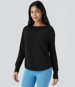 Yoga Tops|Sports Tops<HALARA Boat Neck Long Sleeve Curved Hem Fleece Yoga Sports Top