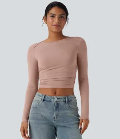 Casual Tops<HALARA Boat Neck Long Sleeve Ruched Cropped Casual Top