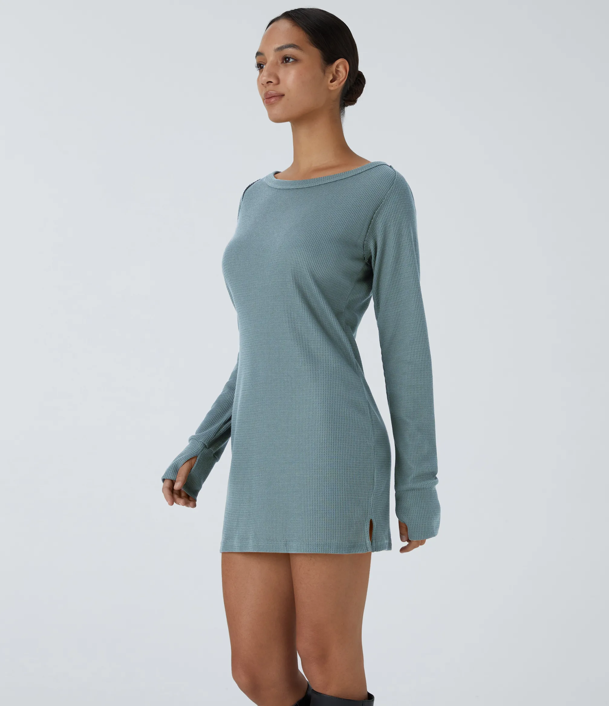 Sweatshirts & Hoodies<HALARA Boat Neck Raglan Sleeve Thumb Hole Hem Waffle Casual Sweatshirt Dress