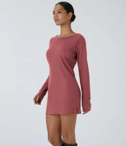Sweatshirts & Hoodies<HALARA Boat Neck Raglan Sleeve Thumb Hole Hem Waffle Casual Sweatshirt Dress