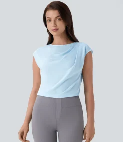 Work Tops<HALARA Boat Neck Ruched Cap Sleeve Back Work Top