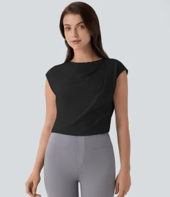 Work Tops<HALARA Boat Neck Ruched Cap Sleeve Back Work Top