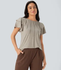 Casual Tops<HALARA Boat Neck Ruffle Short Sleeve Casual Top