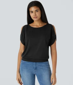 Casual Tops|T-Shirts<HALARA Boat Neck Short Sleeve Cut Out Casual T-Shirt