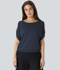 Casual Tops|T-Shirts<HALARA Boat Neck Short Sleeve Cut Out Casual T-Shirt
