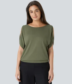 Casual Tops|T-Shirts<HALARA Boat Neck Short Sleeve Cut Out Casual T-Shirt
