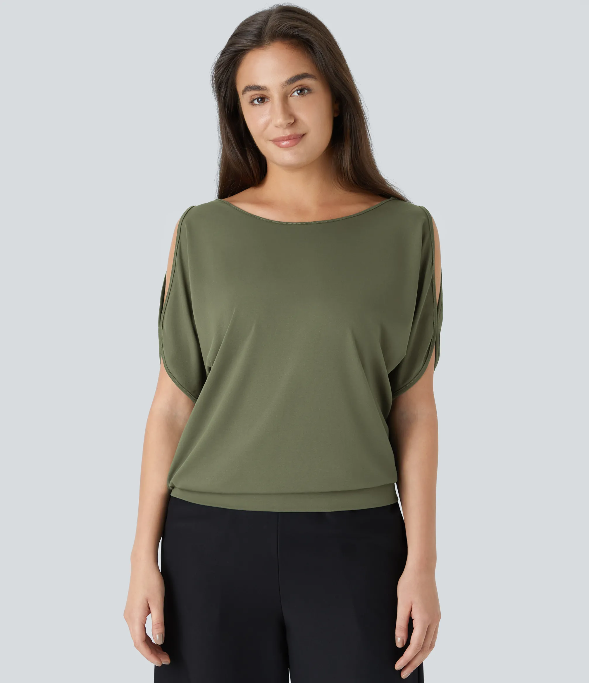 Casual Tops|T-Shirts<HALARA Boat Neck Short Sleeve Cut Out Casual T-Shirt