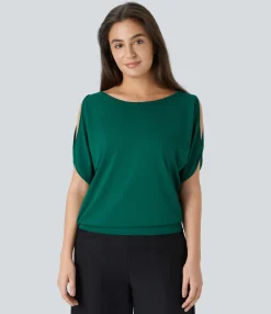 Casual Tops|T-Shirts<HALARA Boat Neck Short Sleeve Cut Out Casual T-Shirt