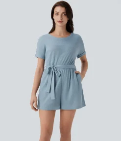Jumpsuits<HALARA Boat Neck Short Sleeve Keyhole Back Cut Out Belted Pocket Waffle Casual Romper