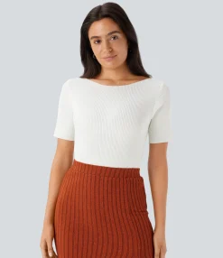 Sweaters<HALARA Boat Neck Short Sleeve Slim Work Sweater