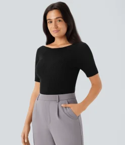 Sweaters<HALARA Boat Neck Short Sleeve Slim Work Sweater