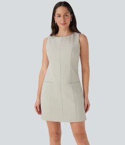 Dresses|Mini Dresses<HALARA Boat Neck Sleeveless Botton Mini Work Dress with Pockets
