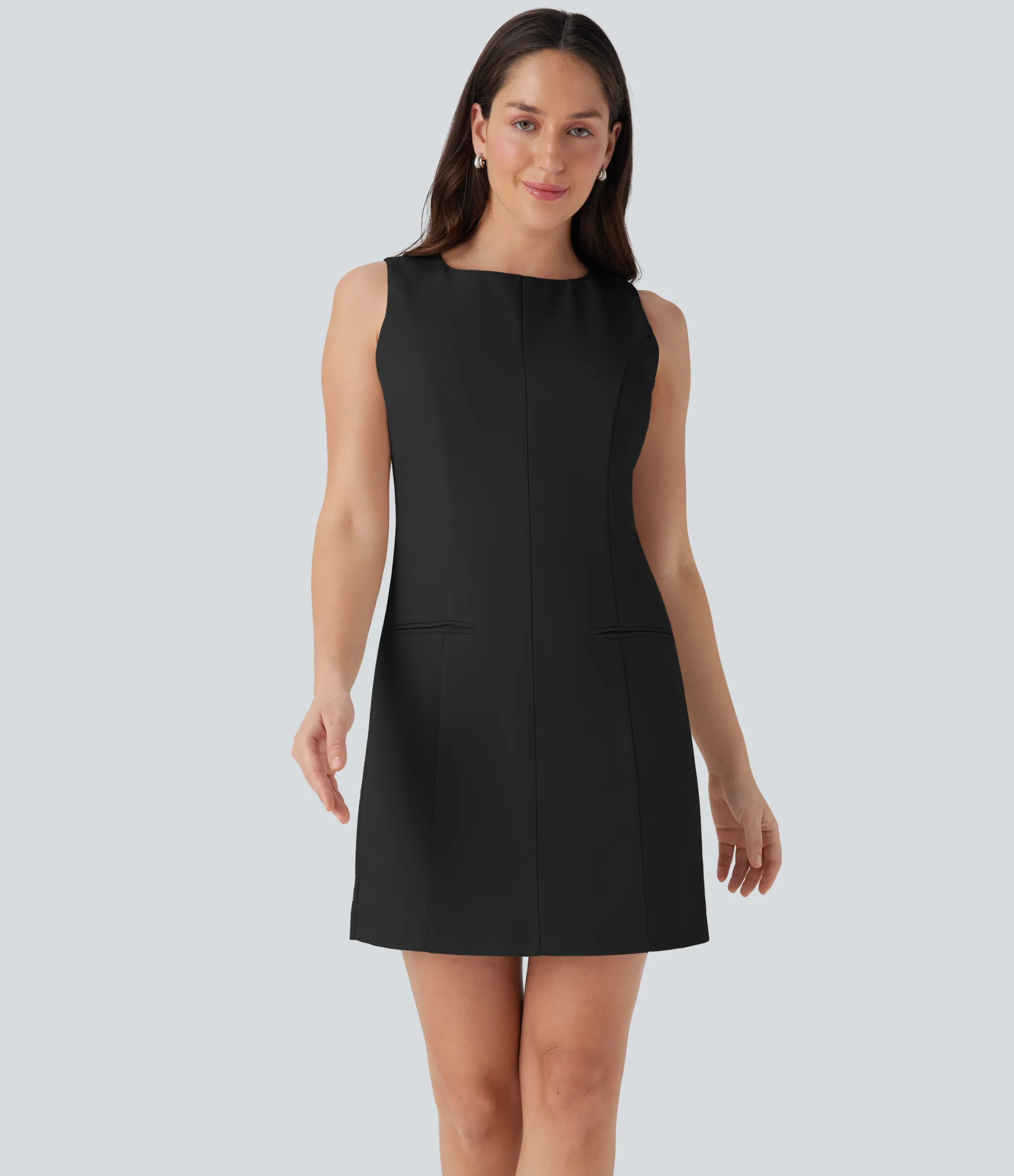 Dresses|Mini Dresses<HALARA Boat Neck Sleeveless Botton Mini Work Dress with Pockets