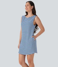 Dresses|Mini Dresses<HALARA Boat Neck Sleeveless Curved Hem Mini Stripe Waffle Casual Dress with Pockets