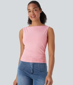 Casual Tops<HALARA Boat Neck Sleeveless Ruched Casual Top