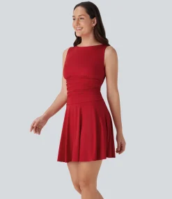 Mini Dresses|Dresses<HALARA Boat Neck Sleeveless Ruched Flowy Mini Casual Dress