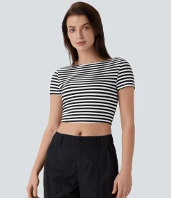 Work Tops|T-Shirts<HALARA Boat Neck Stripe Slim Cropped Waffle Work Tee