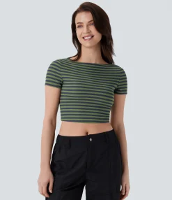 Work Tops|T-Shirts<HALARA Boat Neck Stripe Slim Cropped Waffle Work Tee