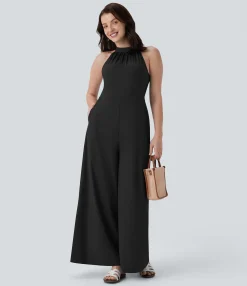 Jumpsuits<HALARA Breezeful™ Halter Tie Pocket Wide Leg Flowy Quick Dry Jumpsuit
