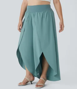 Flowy Pants|Plus Size<HALARA Breezeful™ High Waisted Back Waistband Pocket Palazzo Flowy Wide Leg Quick Dry Casual Plus Size Pants