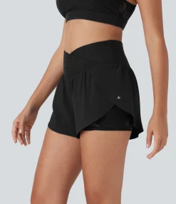 Crossover Shorts|Active Shorts<HALARA Breezeful™ High Waisted Crossover 2-in-1 Pocket Contrast Lace Quick Dry Yoga Shorts 3''