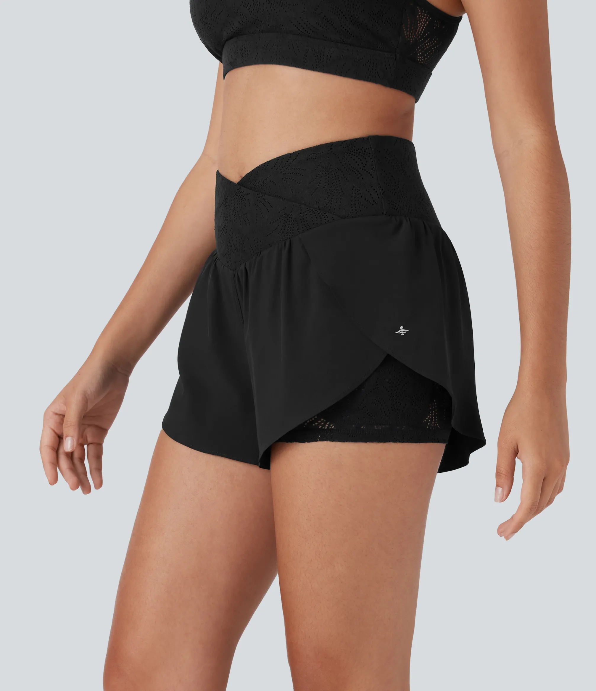 Crossover Shorts|Active Shorts<HALARA Breezeful™ High Waisted Crossover 2-in-1 Pocket Contrast Lace Quick Dry Yoga Shorts 3''